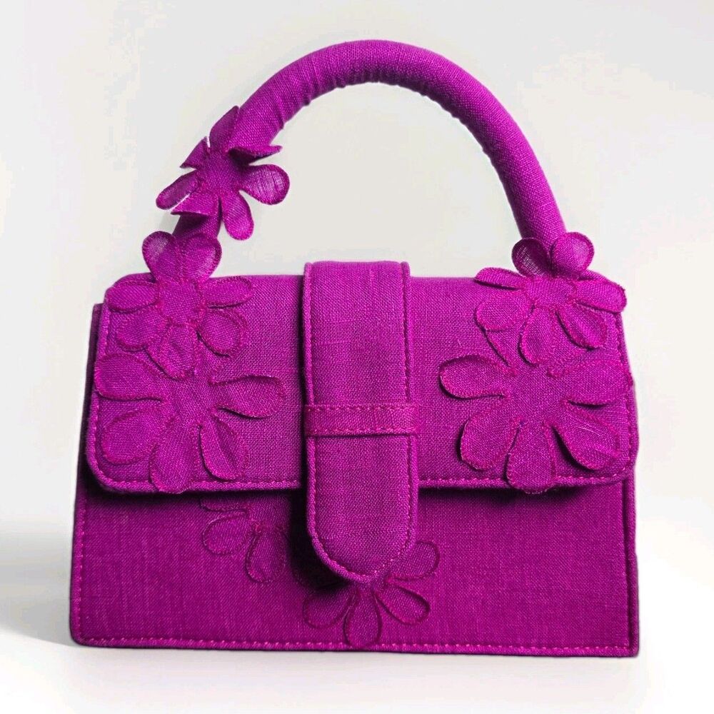 De Castro Linen Flower Bag Magenta Pink Handcrafted Floral Applique Mini Handle